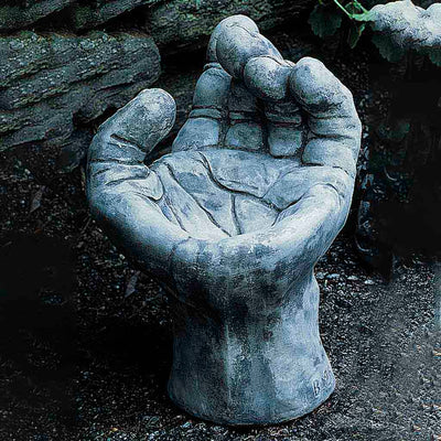 Campania International Mano Birdbath, shown in the Alpine Stone color, highlighting and enriching the details of the cast stone.