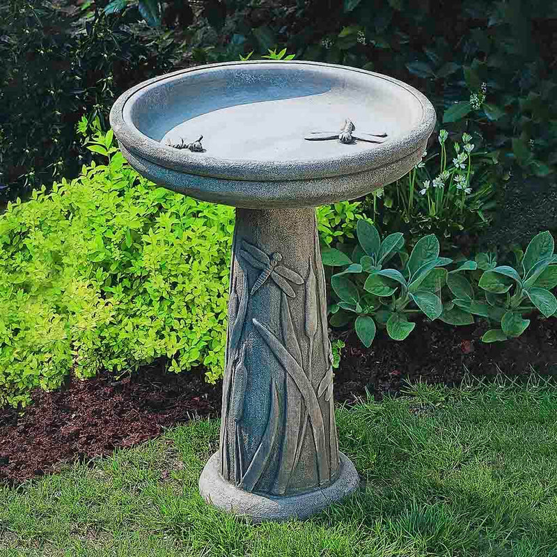 Campania International Dragonfly Birdbath, brown, orange, and green for an old stone look.shown in the Alpine Stone Patina.