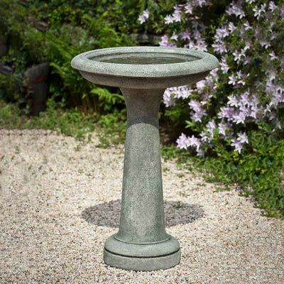 Campania International Essential Birdbath, shown in the Alpine Stone color, highlighting and enriching the details of the cast stone.