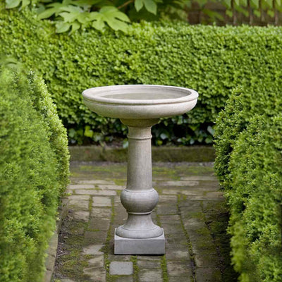 Campania International Williamsburg Tea Table Birdbath, shown in hand-painted Verde, a light green-gray patina that works well against multiple colors in the landscape.