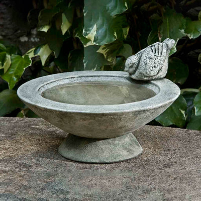 Campania International Songbird's Rest Birdbath, shown in the Alpine Stone color, highlighting and enriching the details of the cast stone.