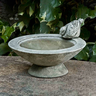 Campania International Songbird's Rest Birdbath, set in the garden to adding charm and purpose. The birdbath is shown in the Alpine Stone Patina.