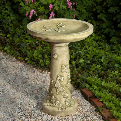 Campania International Butterflies are Free Birdbath, painted in English Moss, a fun garden green that brings out the character of cast stone.