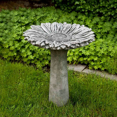 Campania International Sunflower Birdbath, set in the garden to adding charm and purpose. The birdbath is shown in the Alpine Stone Patina.