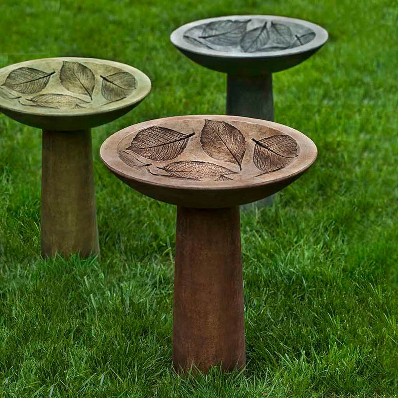 Campania International Hydrangea Leaf Birdbath, set in the garden to adding charm and purpose. The birdbath is shown in the Brownstone Patina.