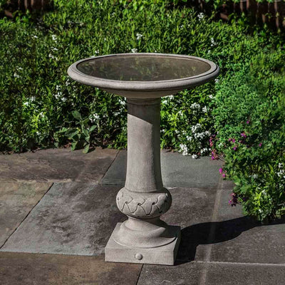 Campania International Williamsburg Knot Garden Birdbath, displayed in Greystone, a classic garden gray and a best-selling color.