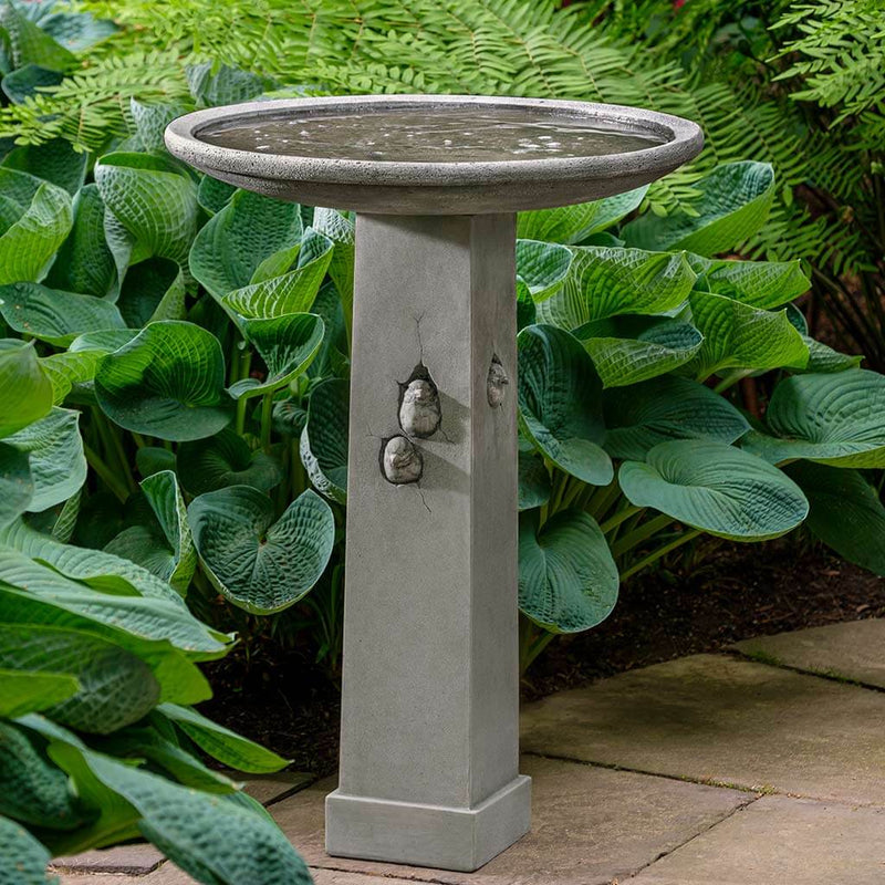 Campania International Birdhouse Birdbath, set in the garden to adding charm and purpose. The birdbath is shown in the Alpine Stone Patina.