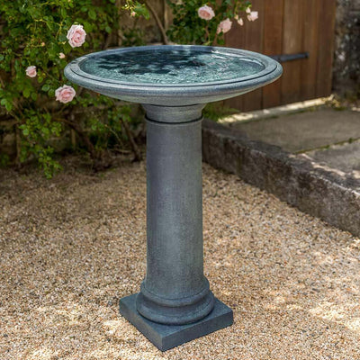 Campania International The Hampton Birdbath, stained in the Lead Antique patina, layers of black and blue paint hand-applied.
