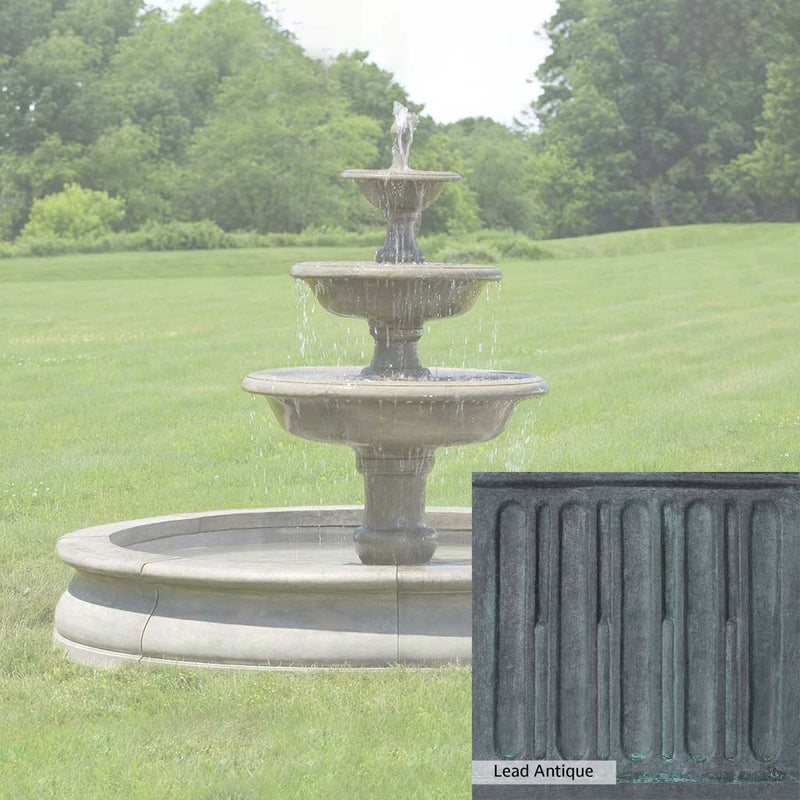 Lead Antique Patina for the Campania International Newport Garden Fountain, deep blues and greens blended with grays for an old-world garden.
