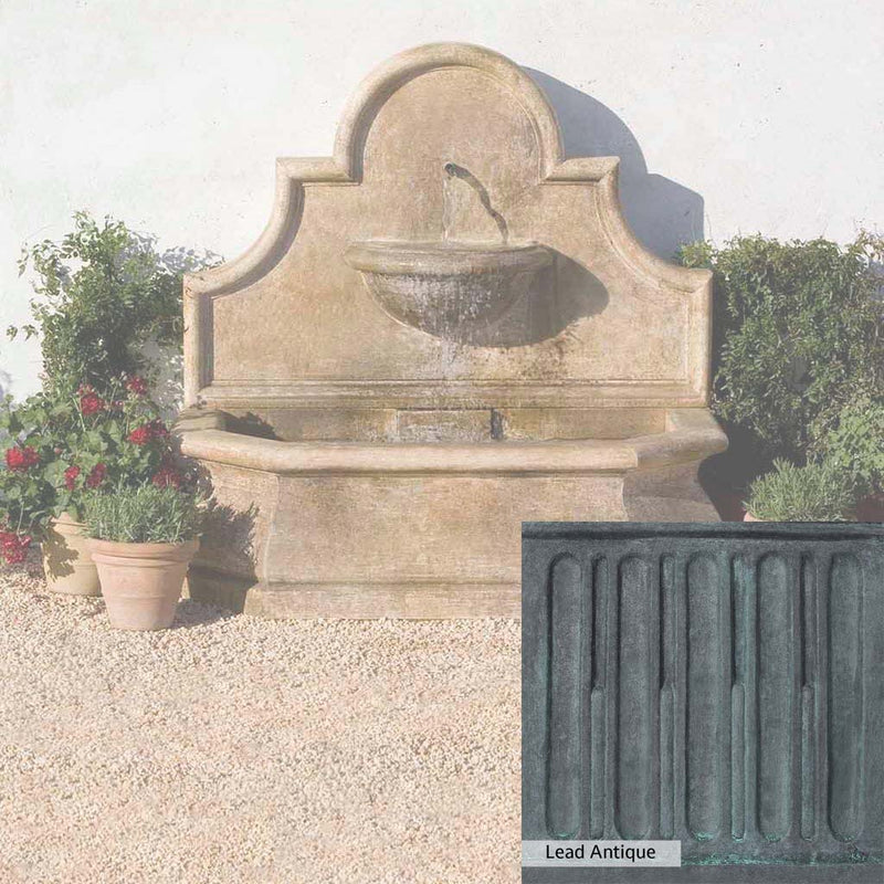 Lead Antique Patina for the Campania International Andalusia Wall Fountain, deep blues and greens blended with grays for an old-world garden.