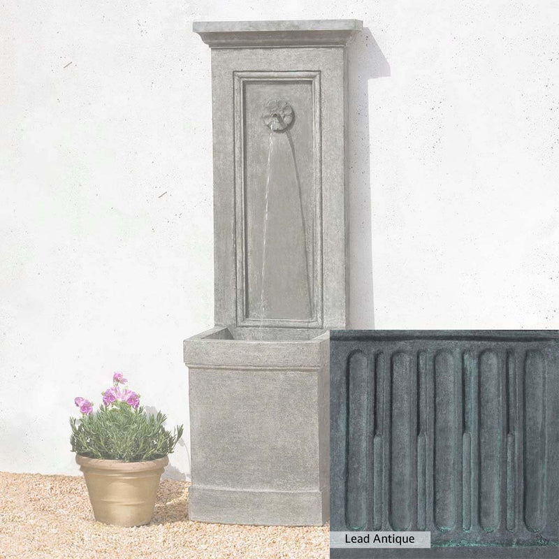 Lead Antique Patina for the Campania International Auberge Wall Fountain, deep blues and greens blended with grays for an old-world garden.