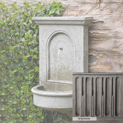 Greystone Patina for the Campania International Portico Fountain, a classic gray, soft, and muted, blends nicely in the garden.