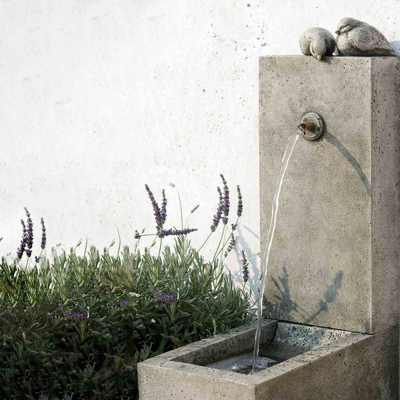 Campania International Bird Element Fountain, adding interest to the garden with the sound of water. This fountain is shown in the Alpine Stone Patina.