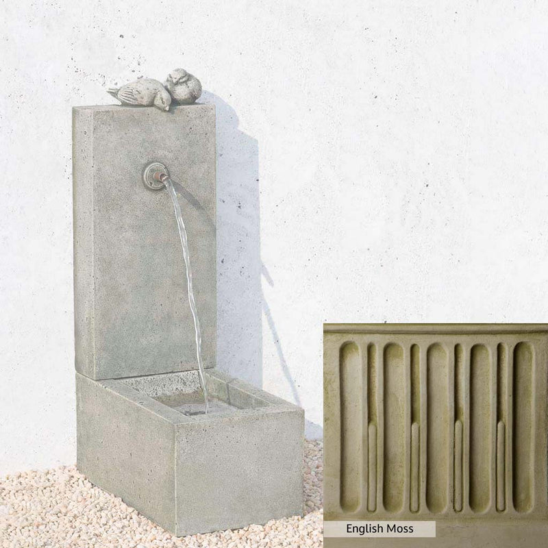 English Moss Patina for the Campania International Bird Element Fountain, green blended into a soft pallet with a light undertone of gray.