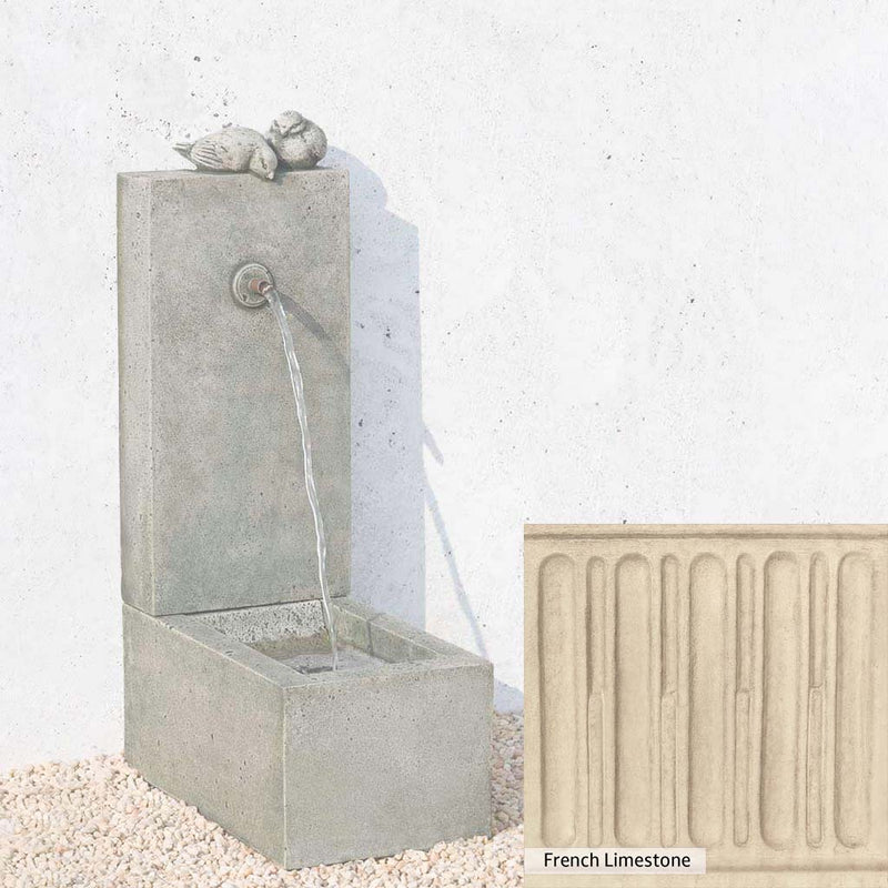 French Limestone Patina for the Campania International Bird Element Fountain, old-world creamy white with ivory undertones.