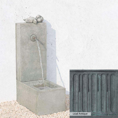 Lead Antique Patina for the Campania International Bird Element Fountain, deep blues and greens blended with grays for an old-world garden.