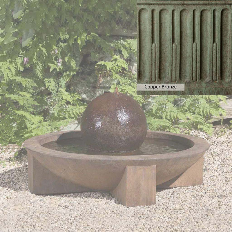 Copper Bronze Patina for the Campania International Low Zen Sphere Fountain, blues and greens blended into the look of aged copper.