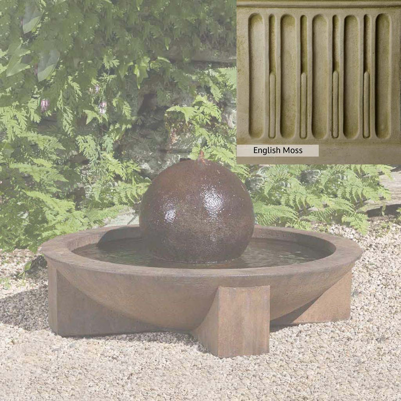 English Moss Patina for the Campania International Low Zen Sphere Fountain, green blended into a soft pallet with a light undertone of gray.