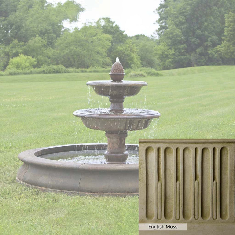 English Moss Patina for the Campania International Beaufort Fountain, green blended into a soft pallet with a light undertone of gray.