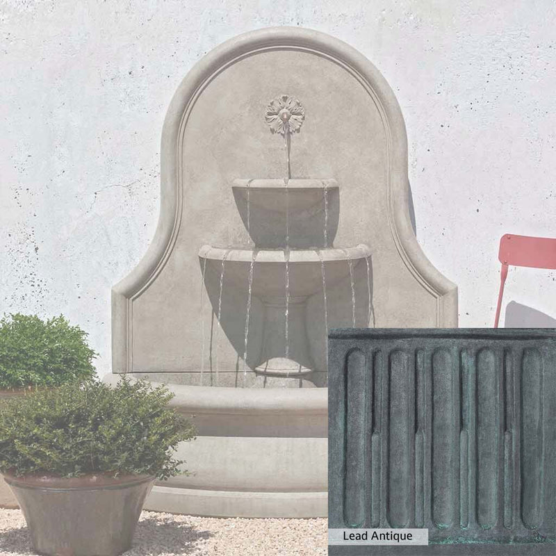 Lead Antique Patina for the Campania International Estancia Wall Fountain, deep blues and greens blended with grays for an old-world garden.