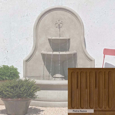 Pietra Nuova Patina for the Campania International Estancia Wall Fountain, a rich brown blended with black and orange.