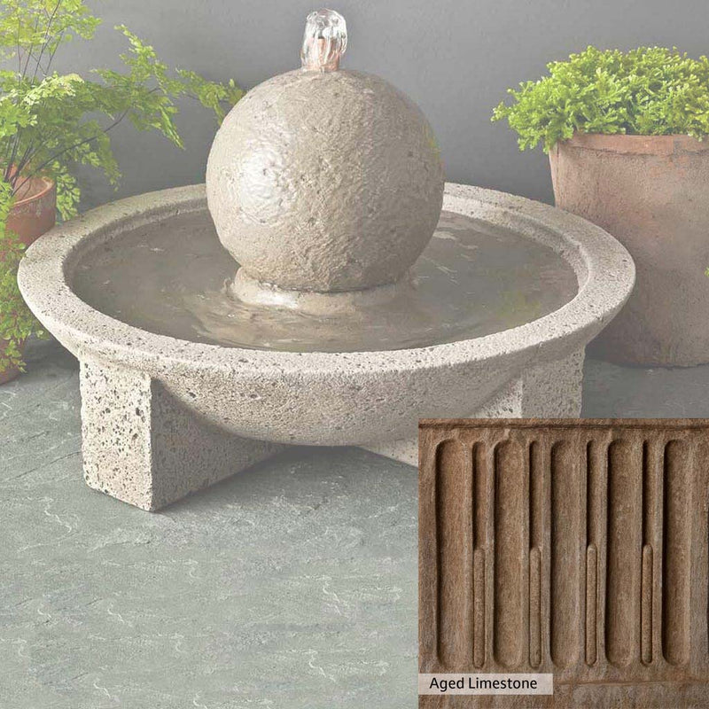 Aged Limestone Patina for the Campania International M-Series Sphere Fountain, brown, orange, and green for an old stone look.