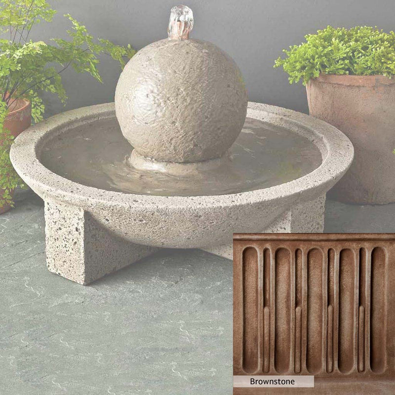 Brownstone Patina for the Campania International M-Series Sphere Fountain, brown blended with hints of red and yellow, works well in the garden.