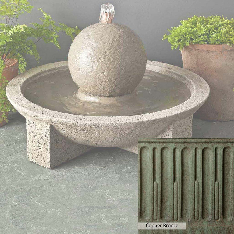 Copper Bronze Patina for the Campania International M-Series Sphere Fountain, blues and greens blended into the look of aged copper.