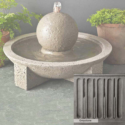 Greystone Patina for the Campania International M-Series Sphere Fountain, a classic gray, soft, and muted, blends nicely in the garden.