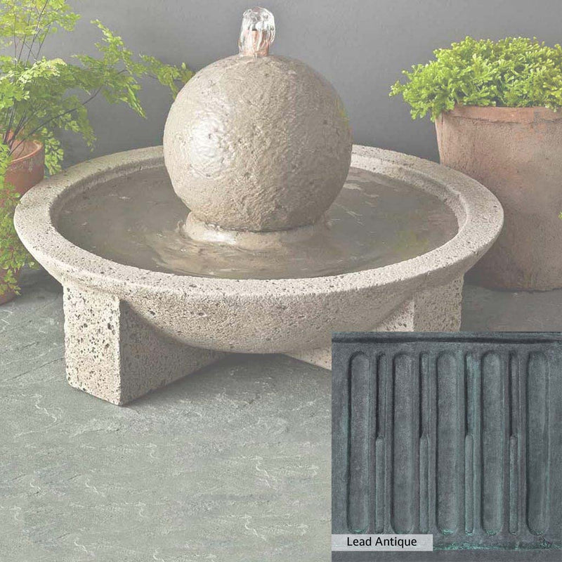 Lead Antique Patina for the Campania International M-Series Sphere Fountain, deep blues and greens blended with grays for an old-world garden.