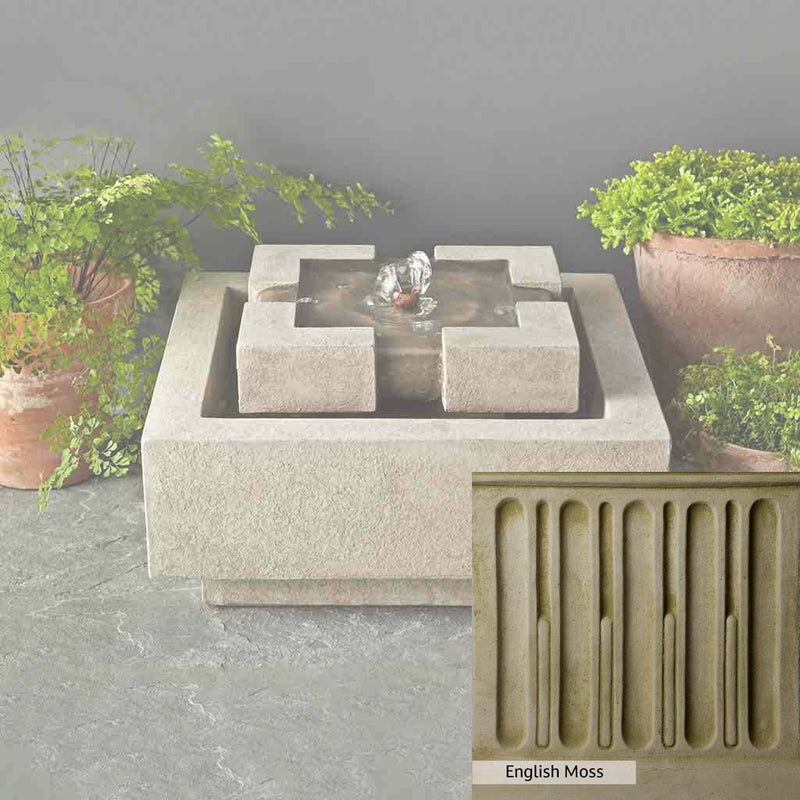 English Moss Patina for the Campania International M-Series Escala Fountain, green blended into a soft pallet with a light undertone of gray.
