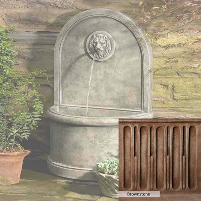 Brownstone Patina for the Campania International Lion Wall Fountain, brown blended with hints of red and yellow, works well in the garden.