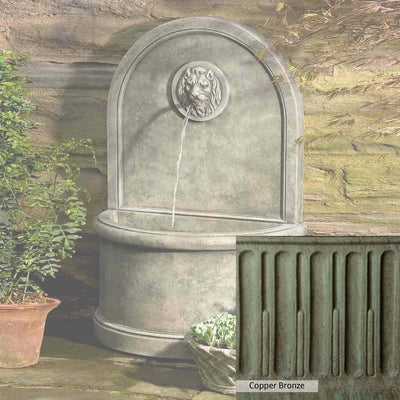 Copper Bronze Patina for the Campania International Lion Wall Fountain, blues and greens blended into the look of aged copper.