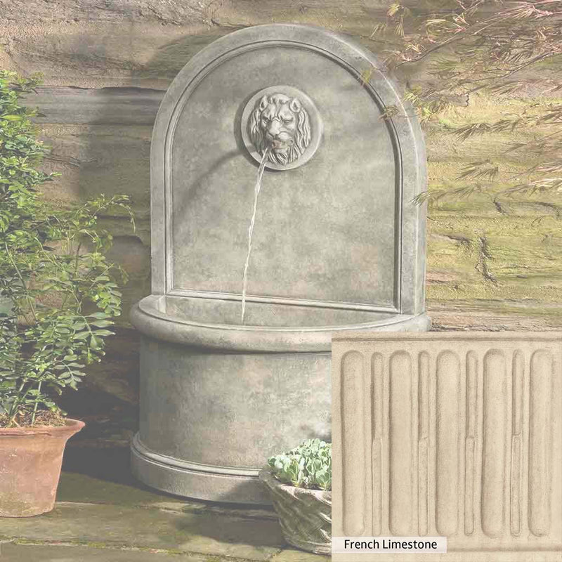 French Limestone Patina for the Campania International Lion Wall Fountain, old-world creamy white with ivory undertones.
