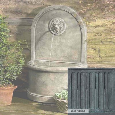 Lead Antique Patina for the Campania International Lion Wall Fountain, deep blues and greens blended with grays for an old-world garden.