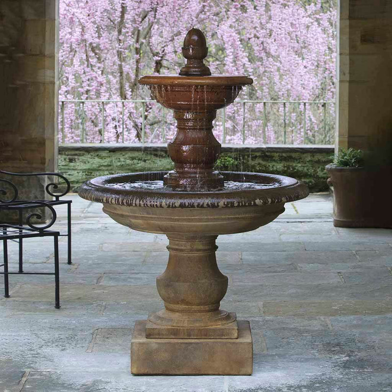 Campania International San Pietro Fountain, adding interest to the garden with the sound of water. This fountain is shown in the Pietra Nuova Patina.