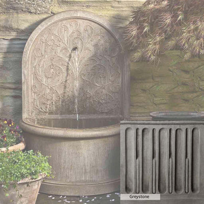 Greystone Patina for the Campania International Corsini Wall Fountain, a classic gray, soft, and muted, blends nicely in the garden.