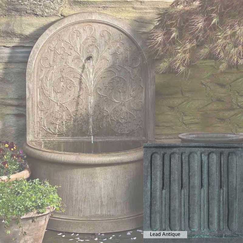 Lead Antique Patina for the Campania International Corsini Wall Fountain, deep blues and greens blended with grays for an old-world garden.