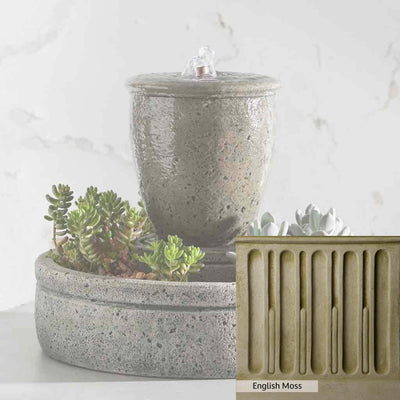 English Moss Patina for the Campania International M-Series Rustic Spa Fountain with Planter, green blended into a soft pallet with a light undertone of gray.