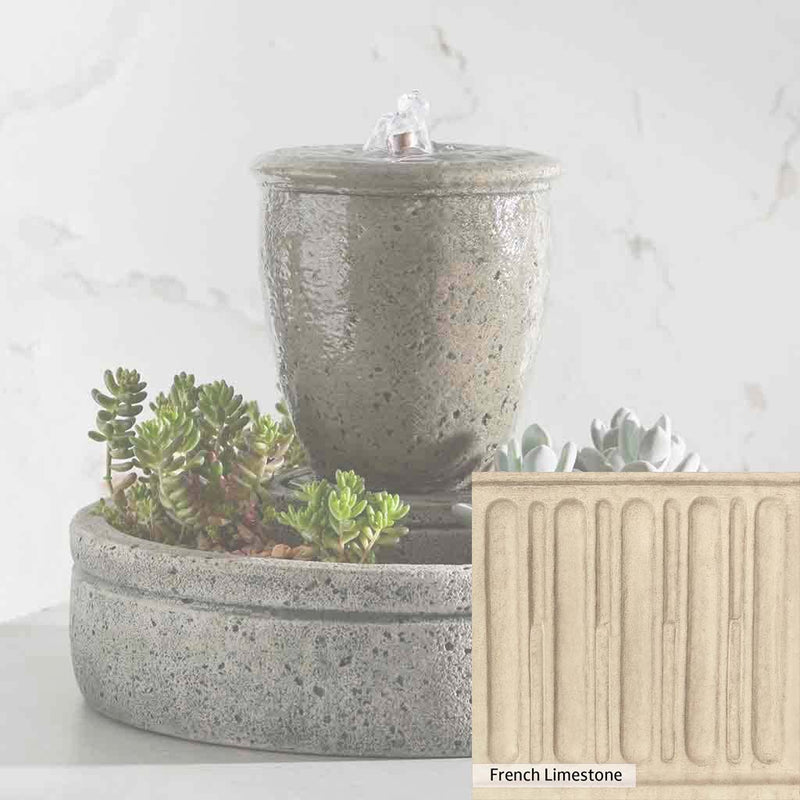 French Limestone Patina for the Campania International M-Series Rustic Spa Fountain with Planter, old-world creamy white with ivory undertones.