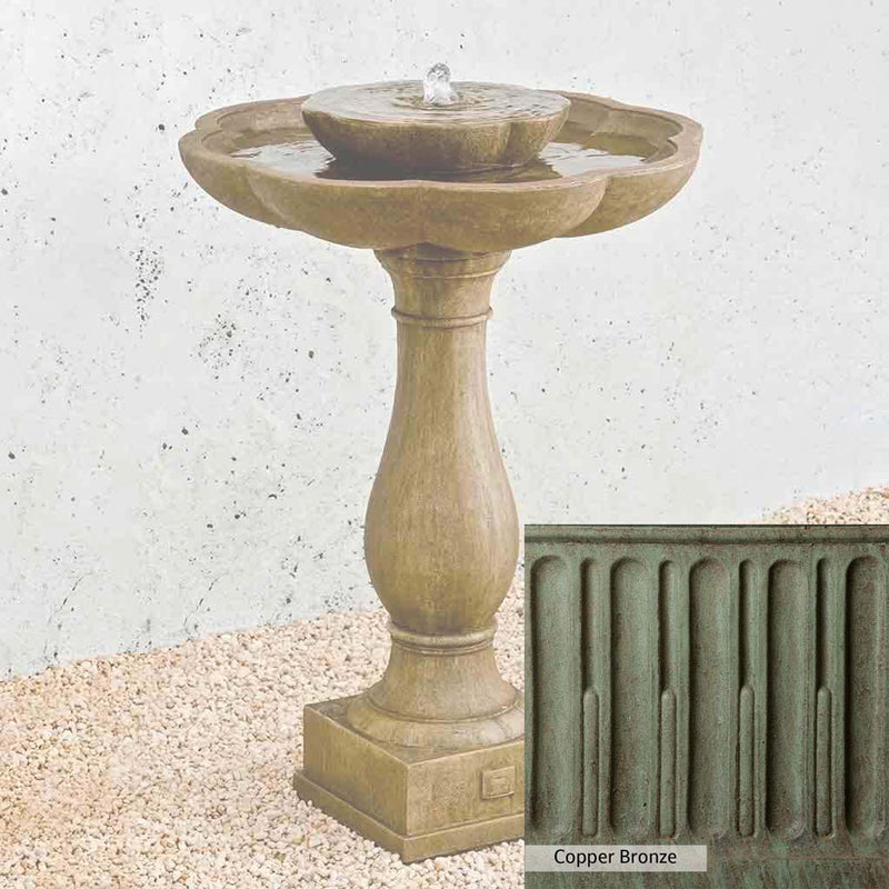 Copper Bronze Patina for the Campania International Flores Pedestal Fountain, blues and greens blended into the look of aged copper.