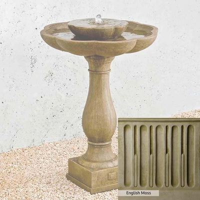 English Moss Patina for the Campania International Flores Pedestal Fountain, green blended into a soft pallet with a light undertone of gray.