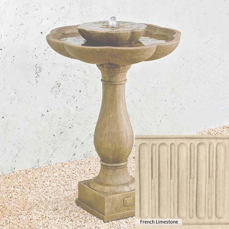 French Limestone Patina for the Campania International Flores Pedestal Fountain, old-world creamy white with ivory undertones.