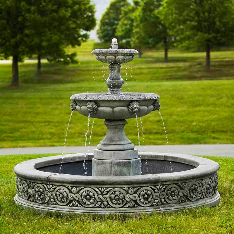 Campania International Parisienne Two Tier Fountain, adding interest to the garden with the sound of water. This fountain is shown in the Alpine Stone Patina.