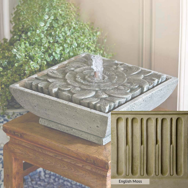 English Moss Patina for the Campania International M-Series Artifact Fountain, green blended into a soft pallet with a light undertone of gray.