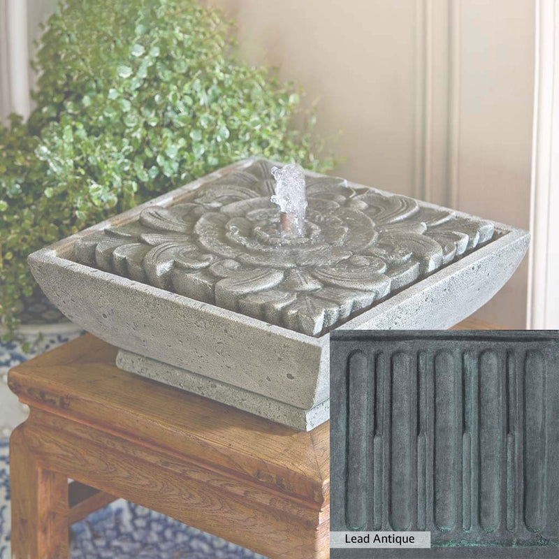 Lead Antique Patina for the Campania International M-Series Artifact Fountain, deep blues and greens blended with grays for an old-world garden.