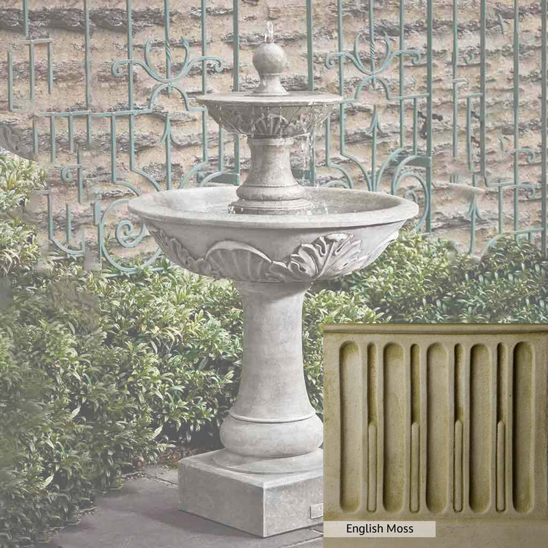 English Moss Patina for the Campania International Acanthus Two Tiered Fountain, green blended into a soft pallet with a light undertone of gray.