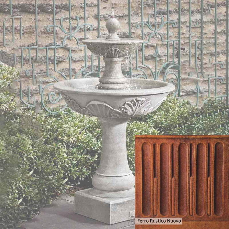 Ferro Rustico Nuovo Patina for the Campania International Acanthus Two Tiered Fountain, red and orange blended in this striking color for the garden.