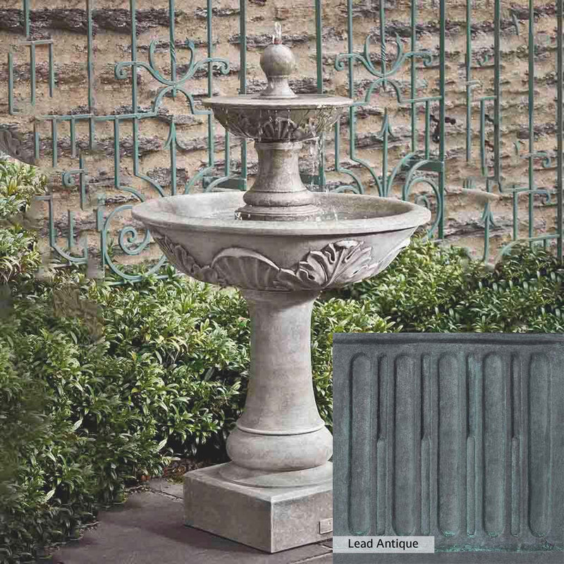 Lead Antique Patina for the Campania International Acanthus Two Tiered Fountain, deep blues and greens blended with grays for an old-world garden.