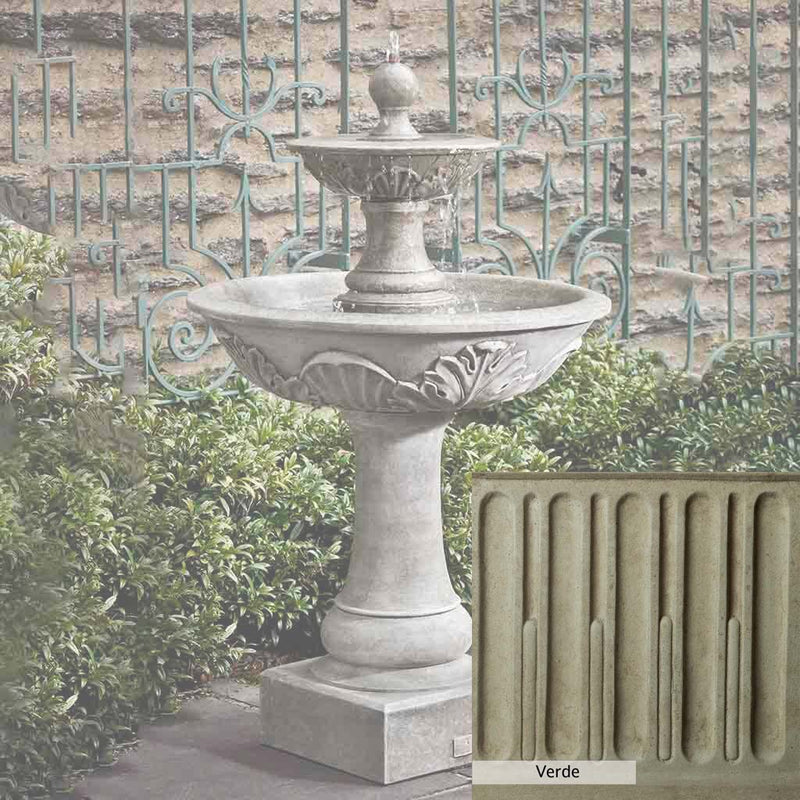 Verde Patina for the Campania International Acanthus Two Tiered Fountain, green and gray come together in a soft tone blended into a soft green.